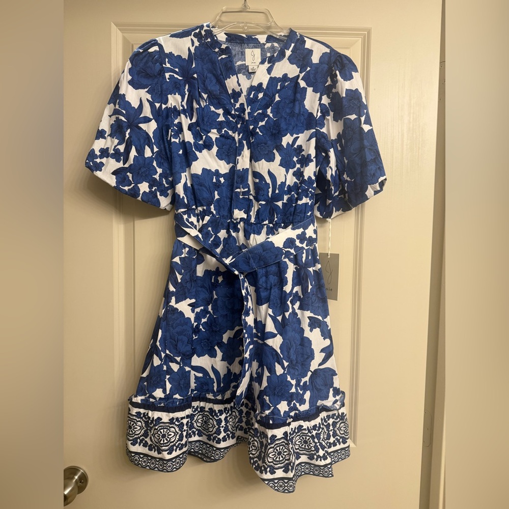 Joie Puff Sleeve Blue Floral Belted Dress S 4